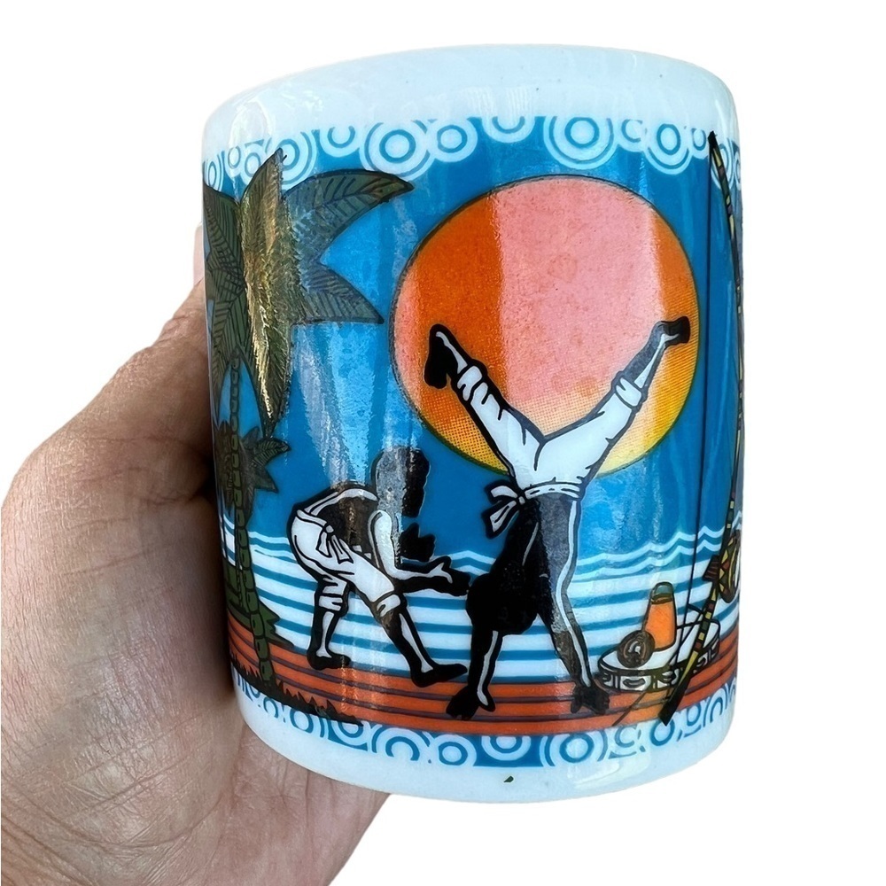 VTG Tropical Tri-Glaze Coffee Mug Fishermen Karate Sunset Ocean Beach Palm Tree